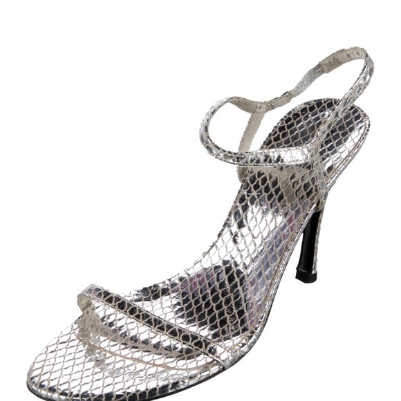 41-Stuart Weitzman, silver, metallic snake, skin embossed, heeled sandal, SZ.8.5 - Picture 2 of 7